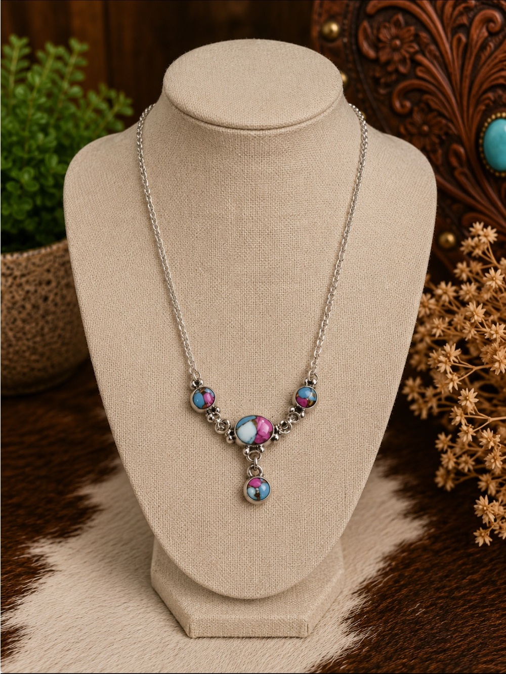 Cotton Candy Pink & Turquoise Round Stone Drop Necklace